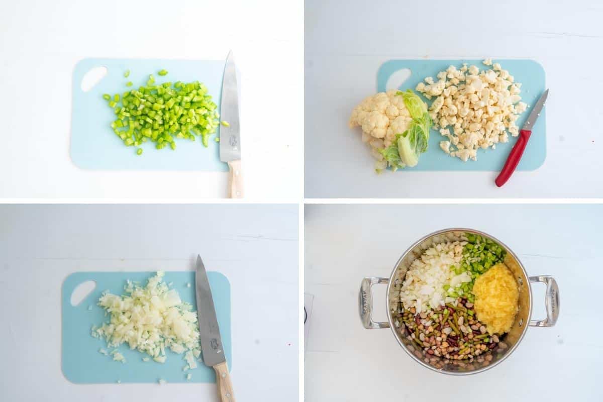 Four photo collage showing capsicum, cauliflower, onion and crushed pineapple being prepped for a bean salad recipe.