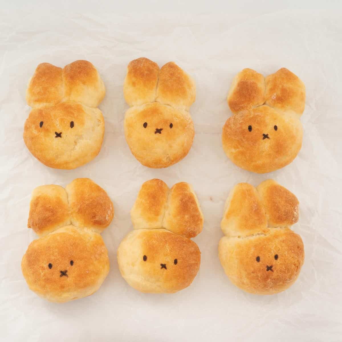 6 bunny buns on crinkled white parchment paper. 