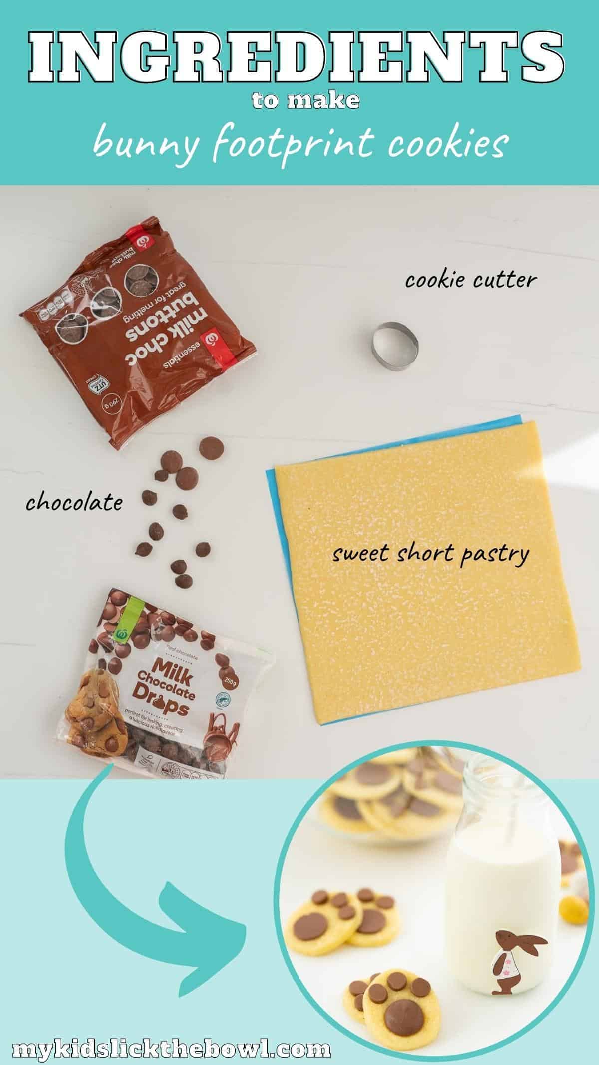 The ingredients to make bunny footprint cookies laid out on a bench top with text overlay.