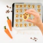 A hand holding a small oval cookie decorated with chocolate buttons and melts to look like a bunny footprint.