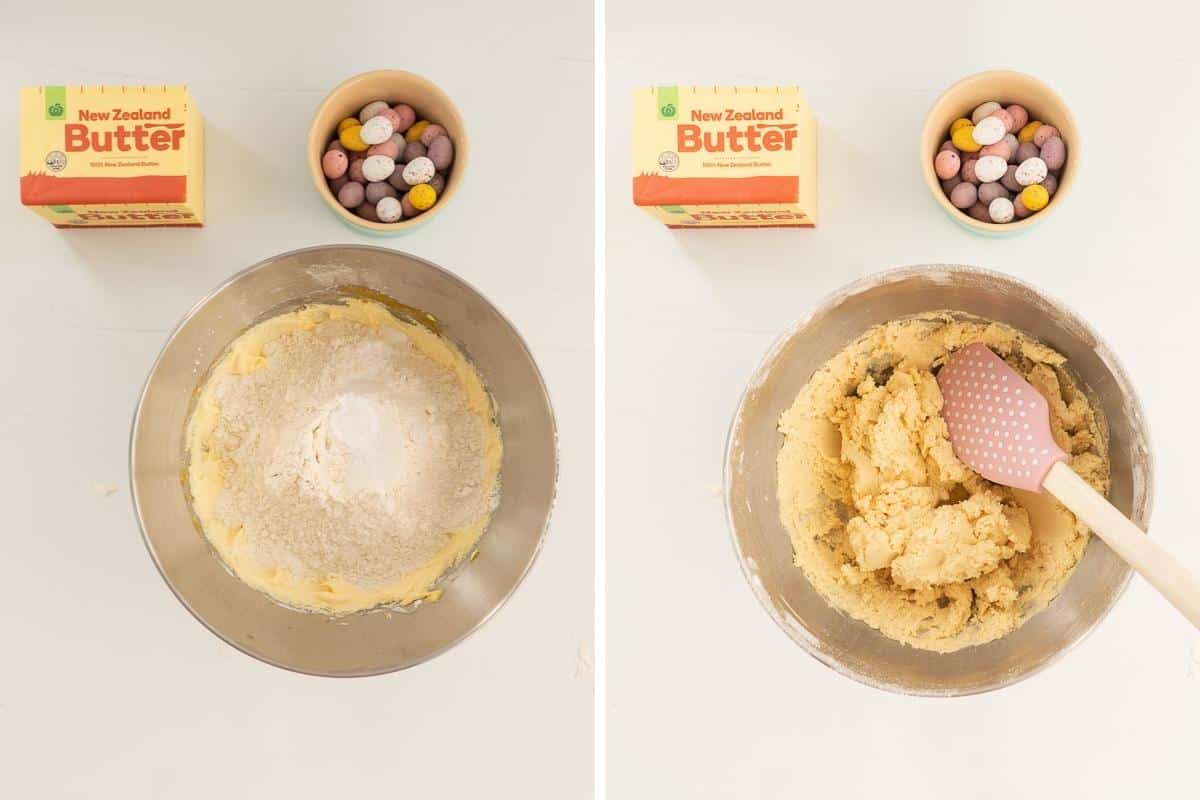 A two photo collage showing dry ingredients being combined into creamed butter and sugar.