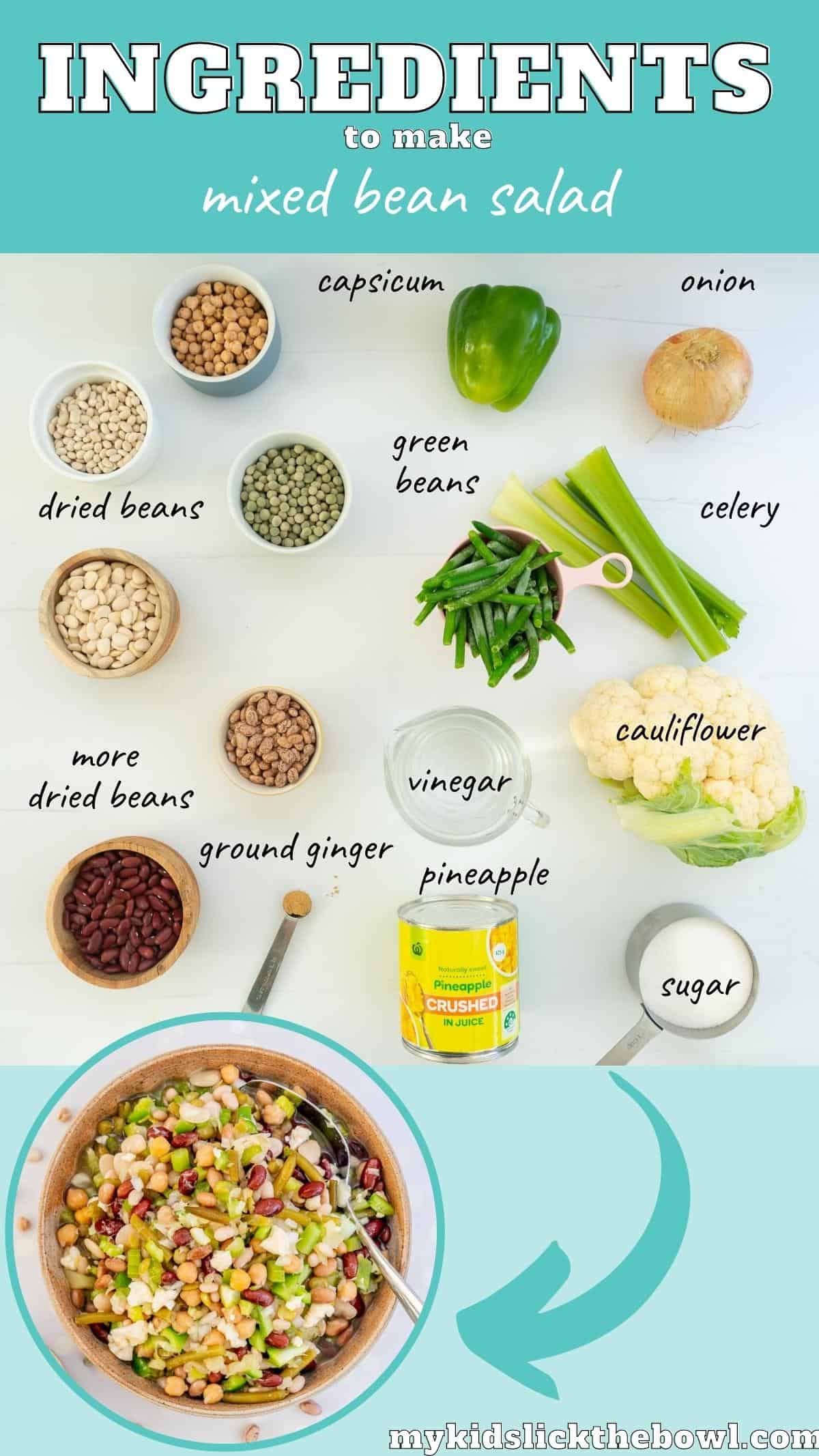 The ingredients to make a mixed bean salad laid out on a bench top with text overlay.