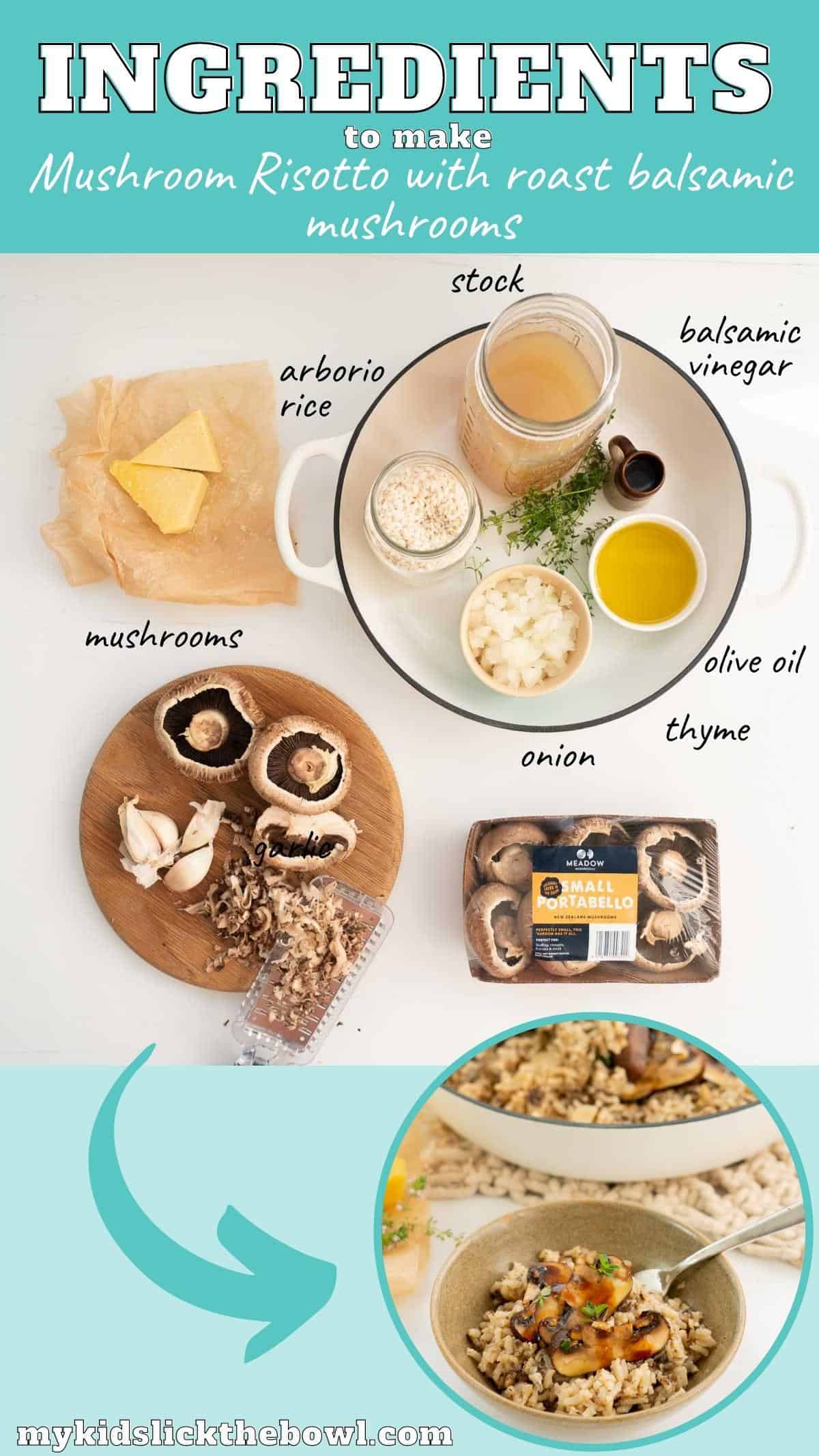 The ingredients to make baked mushroom risotto with balsamic roast mushrooms laid out on a bench top with text overlay.