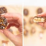 Two photo collage showing a peanut butter banana bite being held up and bitten into.