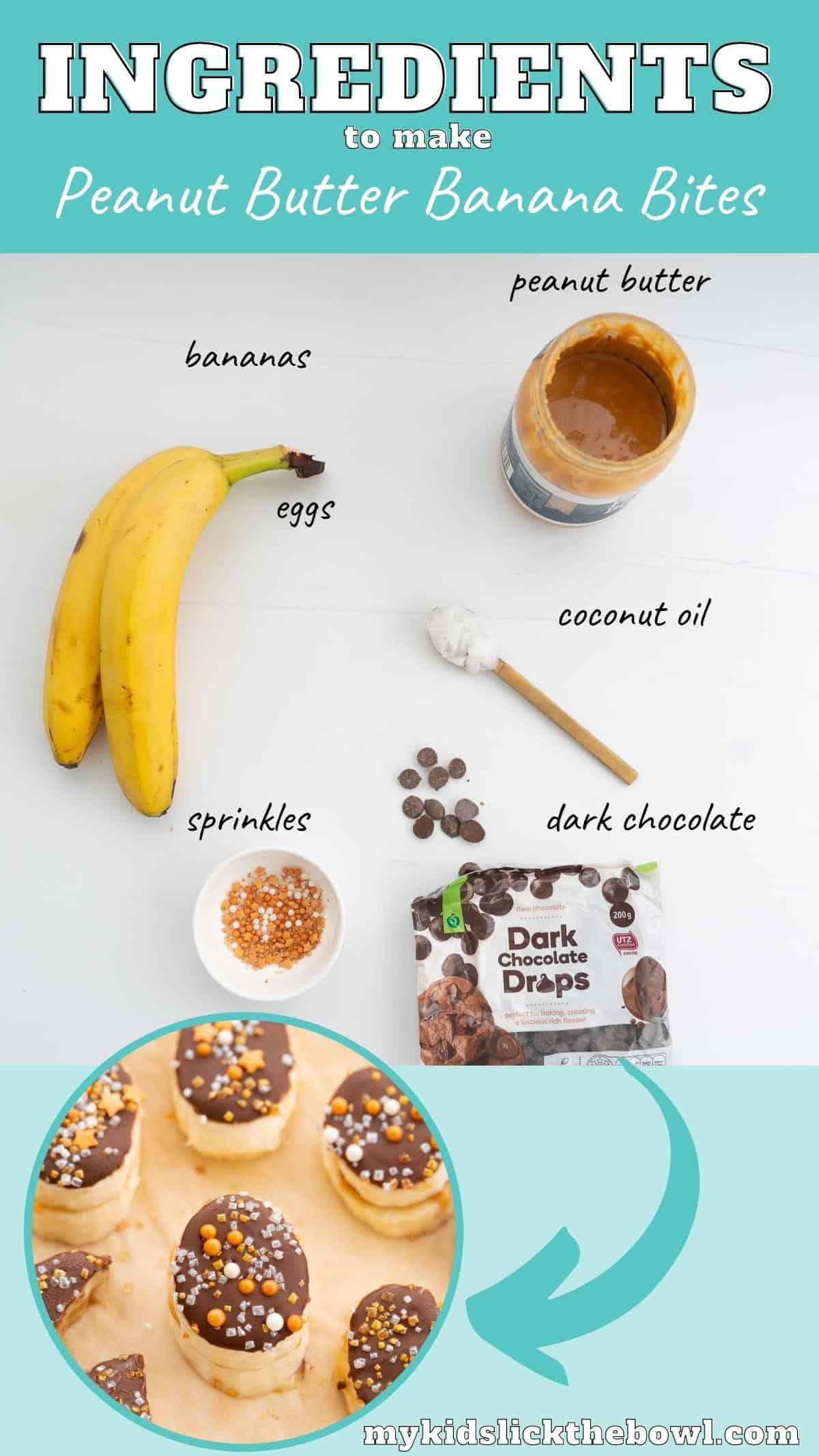 The ingredients to make chocolate peanut butter bananas laid out on a bench top with text overlay.