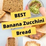 A four photo collage of banana zucchini bread showing the final product and process steps with text overlay for pinterest.