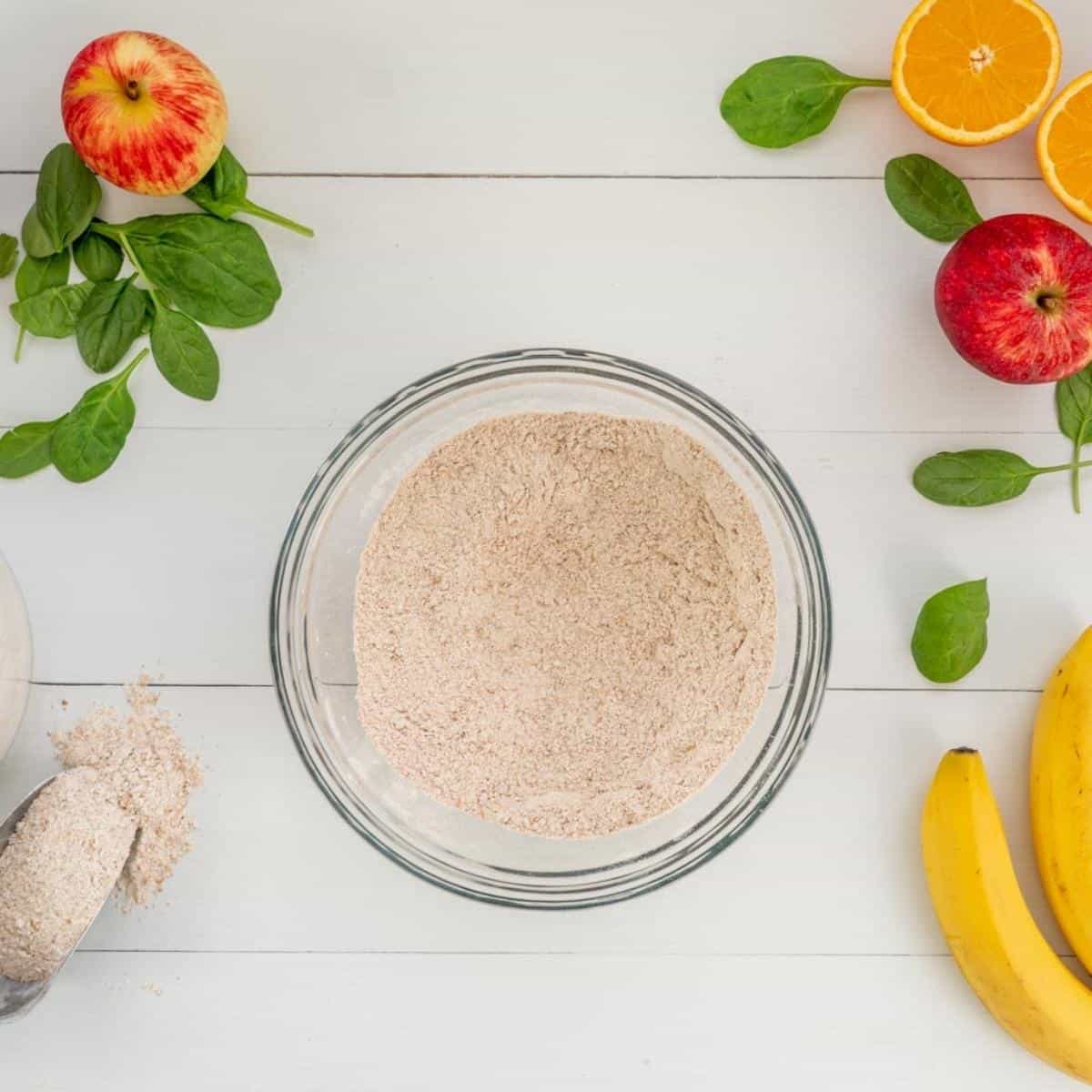 Dry ingredients evenly combined in. glass mixing bowl.