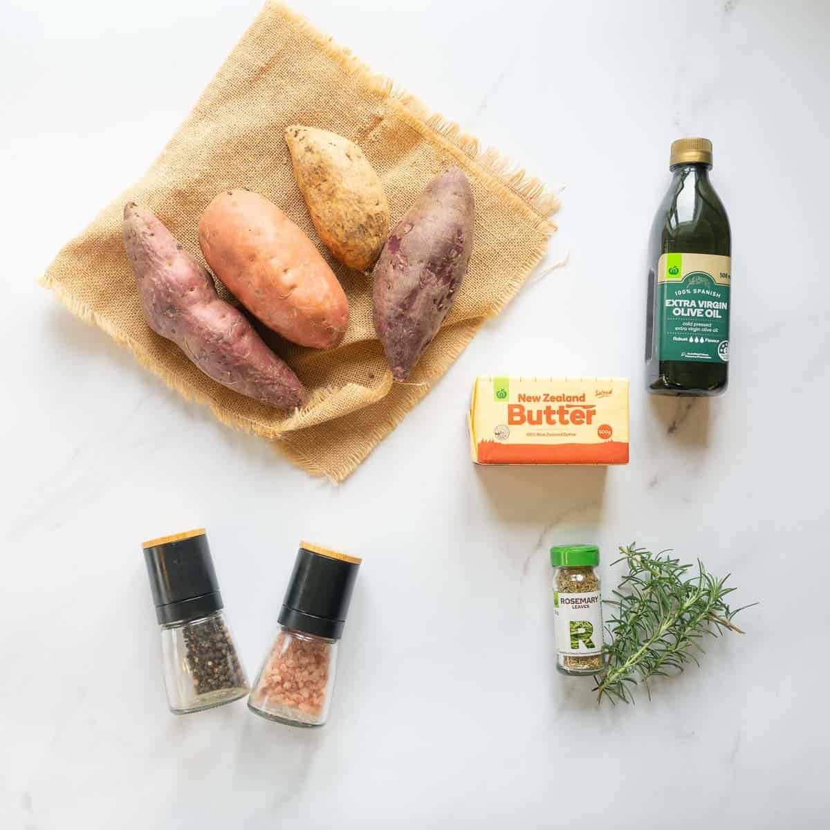 The ingredients to make a kumara bake laid out on a bench top.