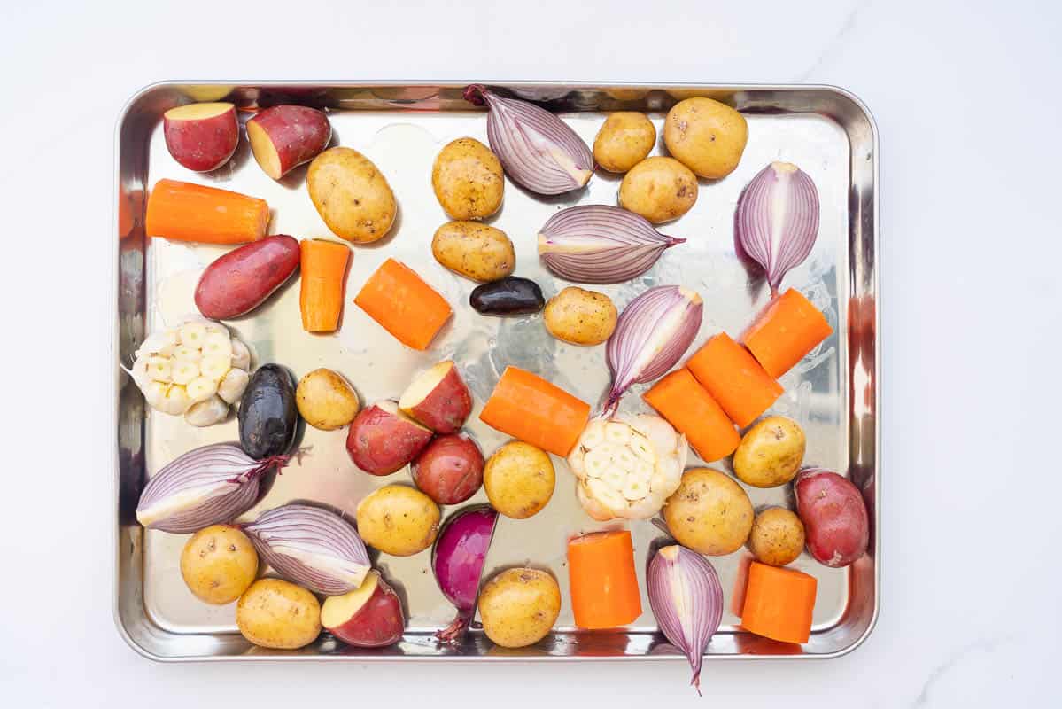 Vegetables in a stainless steel tray.