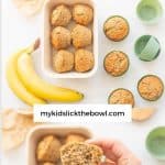 Two photo collage of banana bran muffins with text overlay. Lunch box banana bran muffins, kid friendly.