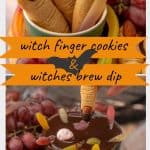 Two photo collage of witch finger cookies and chocolate witches brew dip with text overlay.