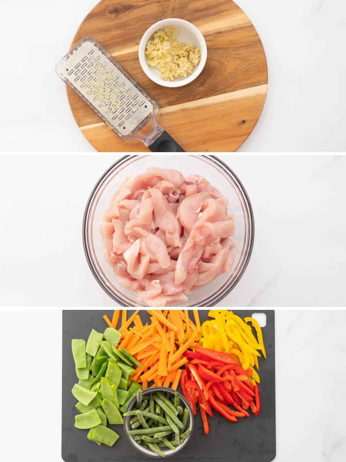 A three photo collage showing ginger, garlic, chicken and vegetables prepped for a stir-fry