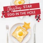 2 photo collage of star shaped egg in the hole toast and eggs for christmas