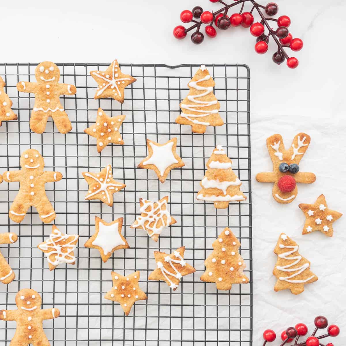 A collection of christmas shaped cookies decorated with white icing on a black cooling racks. gingerbread men, christmas trees, reindeer and stars. 
