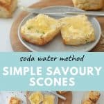A two photo collage of savoury scones with text overlay.