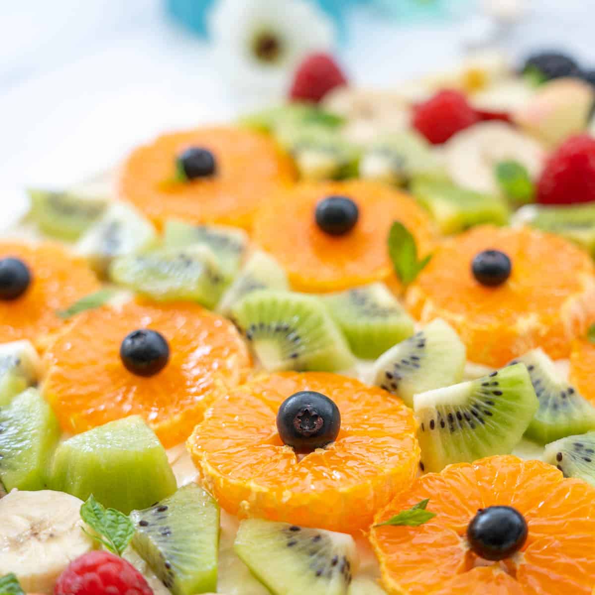 Sliced fresh fruit, mandarins cut into disks with a blueberry in the centre to look like a flower.