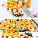 A five photo collage of an easter themed fruit pizza with text overlay.