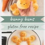 A two photo collage of gluten free bunny buns with text overlay.