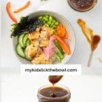 A two photo collage of teriyaki sauce and a sushi bowl with text overlay.