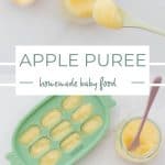 A two photo collage of apple puree with text overlay.