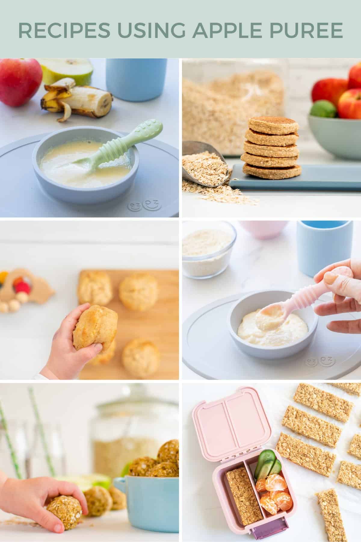 A six photo collage of recipes that can be made with apple puree 