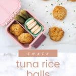 Tuna rice balls packed in a pink bento bowl with text overlay.