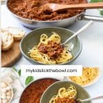 A two photo collage of vegan bolognese with text overlay.