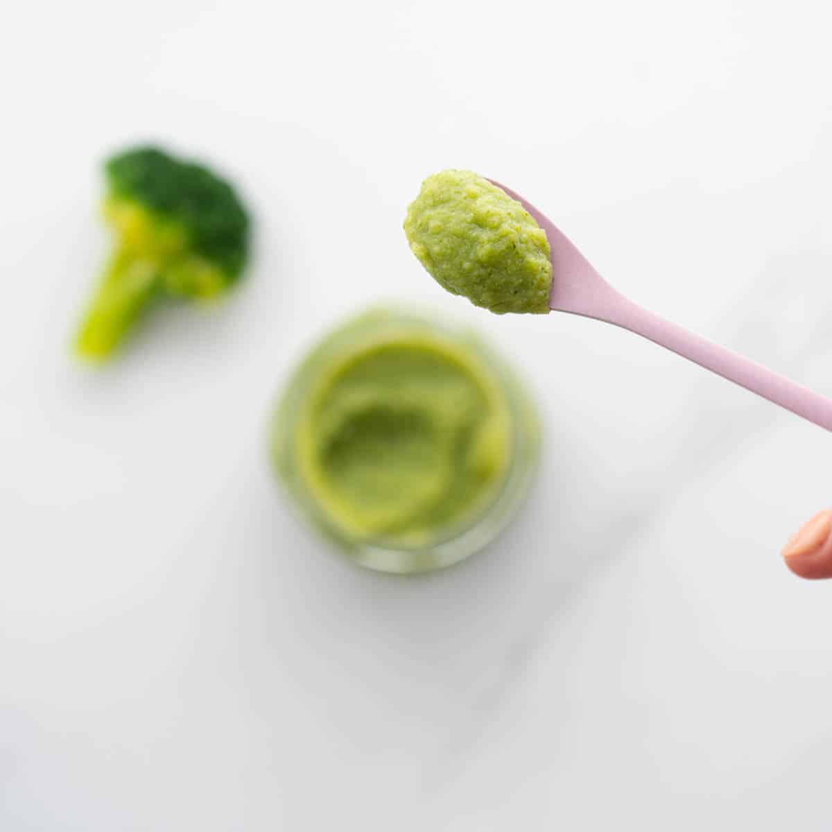 A spoonful of broccoli puree being held above a glass jar of puree.