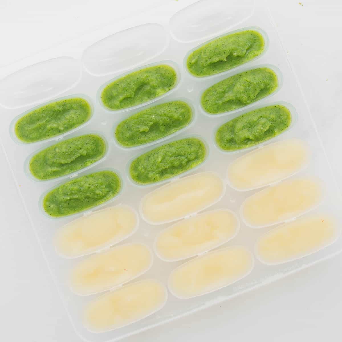 A baby food freezer tray filled with green zucchini puree and creamy pear puree.