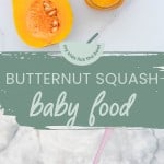 A two photo collage of butternut squash puree with text overlay for pinterest.