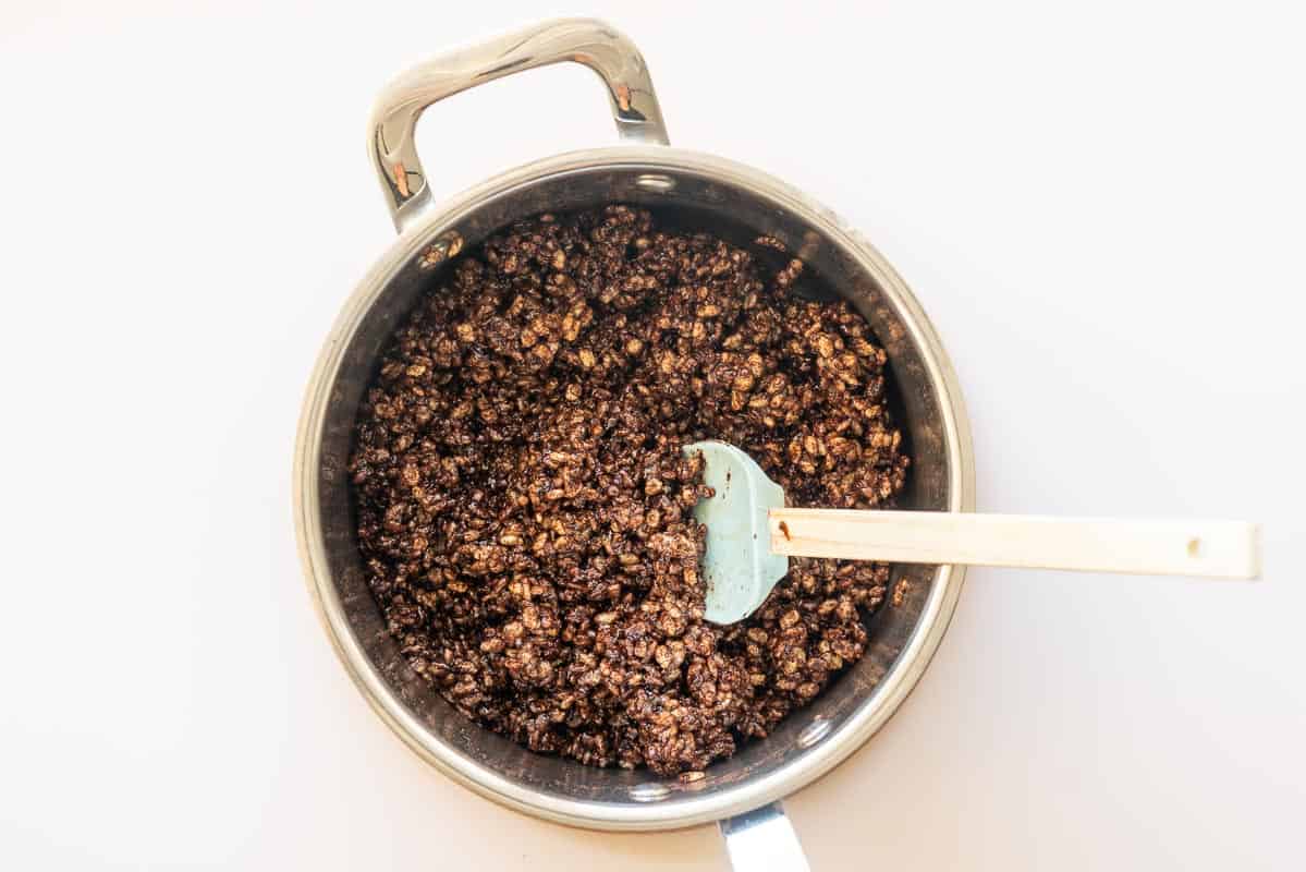 Chocolate crackle mix in a saucepan.