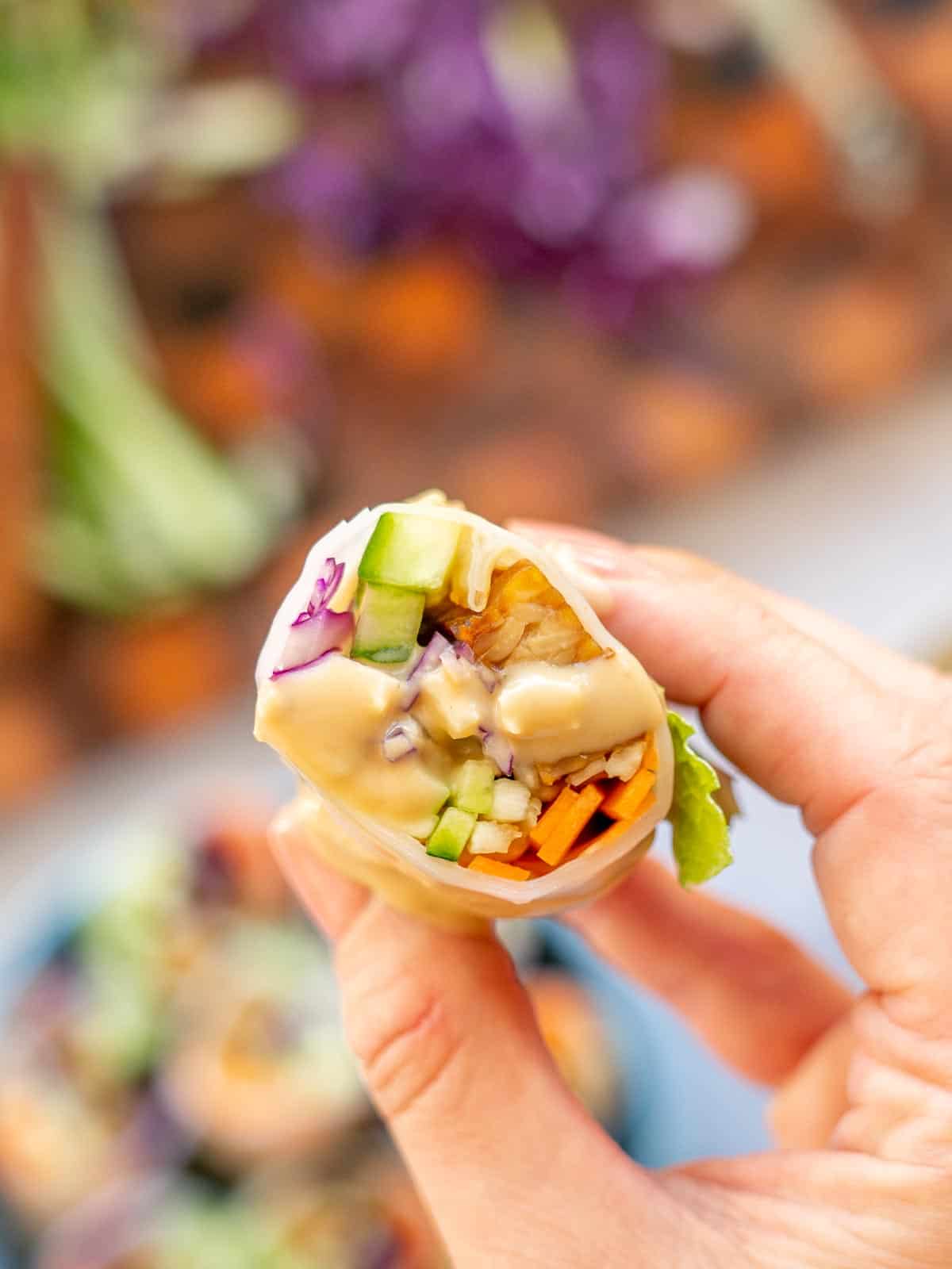 A vegetable filled fresh spring roll drizzled with satay sauce being held up to the camera.