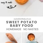 A five photo collage of sweet potato baby food with text overlay for pinterest