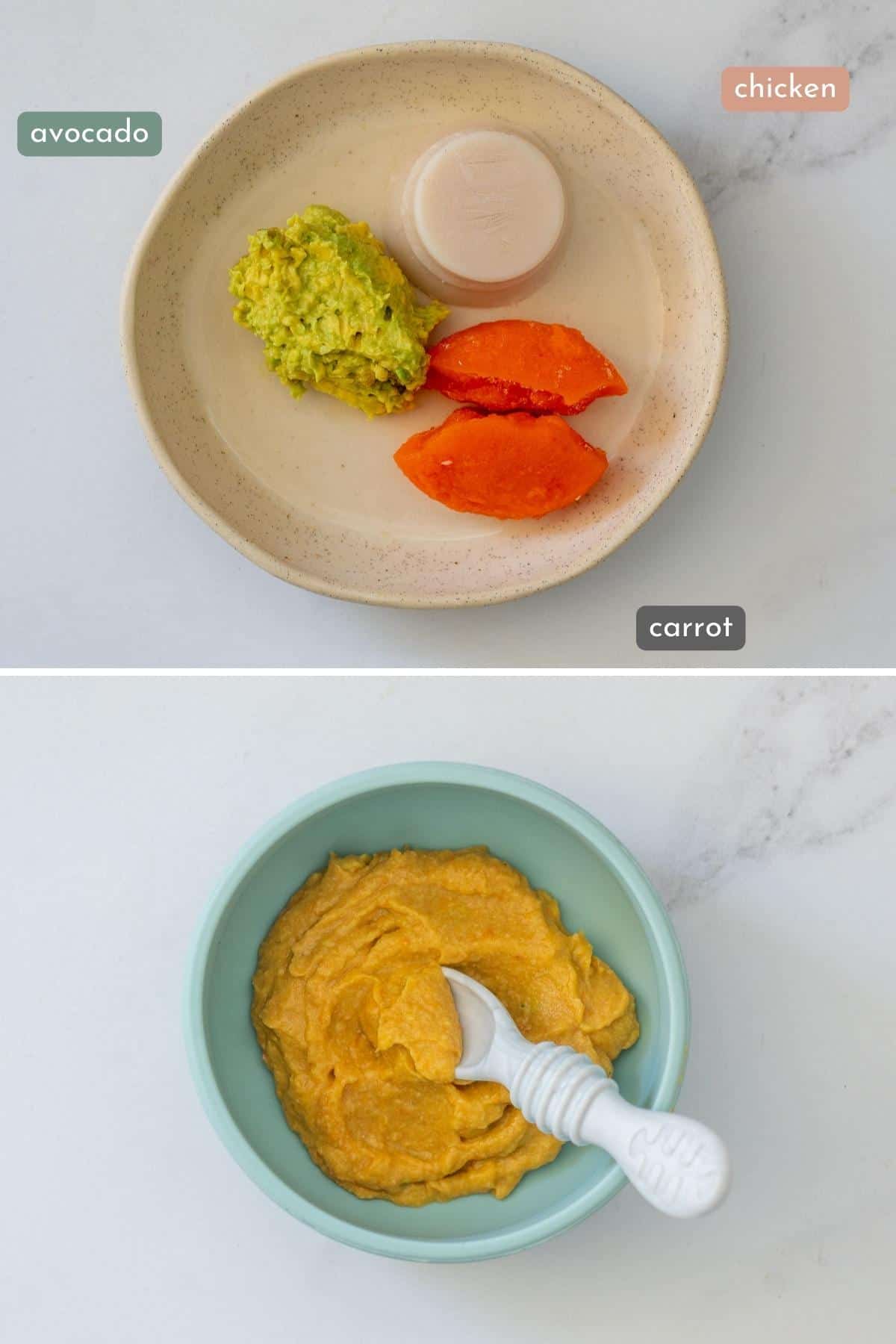 Two photo collage showing frozen baby purees (avocado, carrot and chicken) then combined and heated in a baby bowl. 