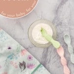 A small bowl of yogurt with baby spoons, a pink sippy cup and a floral bib with text overlay for pinterest