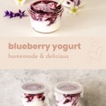 A 2 photo collage of blueberry yogurt with text overlay for pinterest,