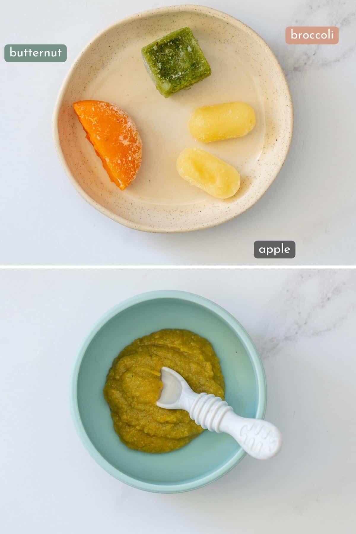 Two photo collage showing frozen baby purees (butternut, apple and broccoli) then combined and heated in a baby bowl. 