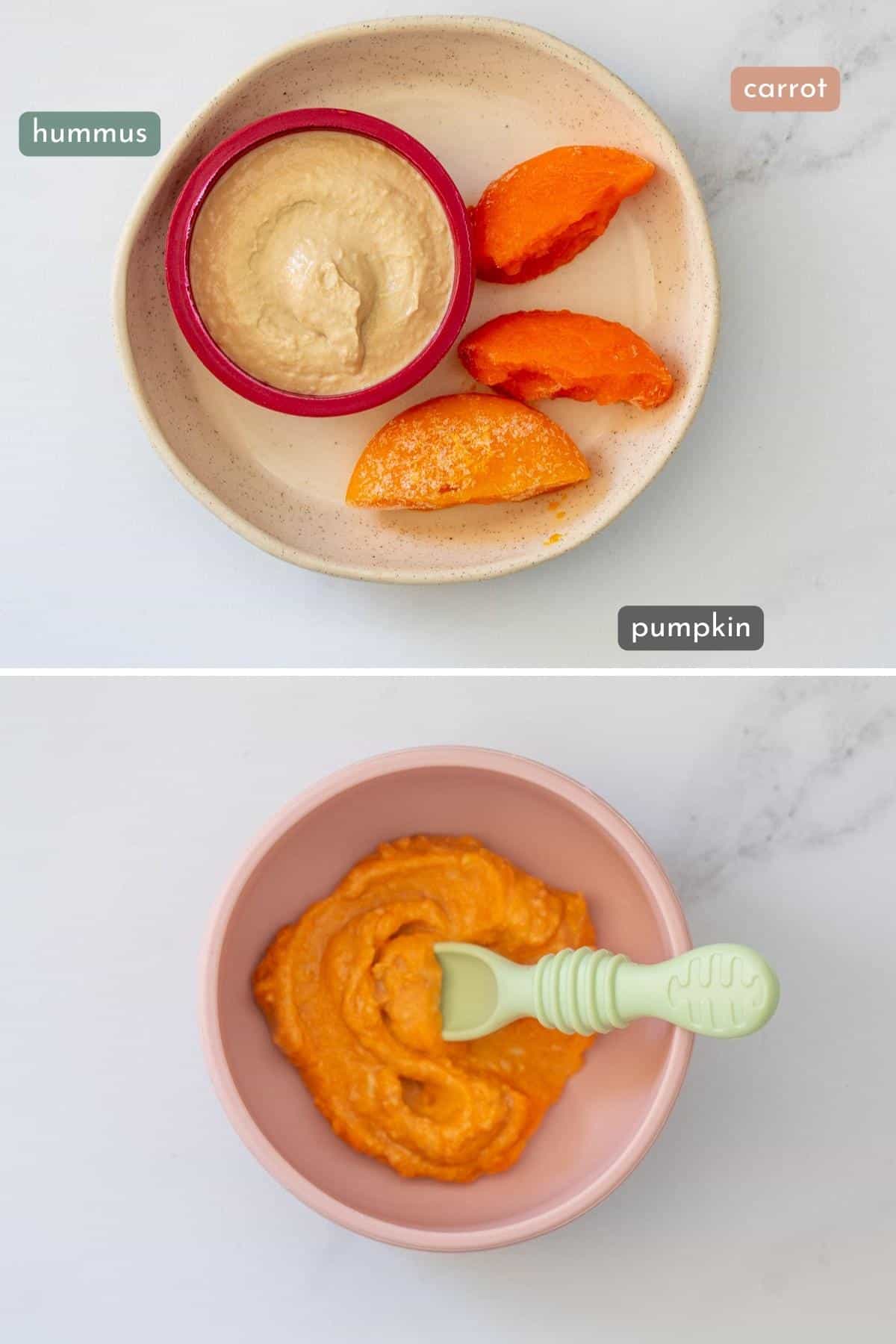 Two photo collage showing frozen baby purees (hummus, carrot and pumpkin) then combined and heated in a baby bowl. 