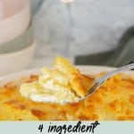Scalloped potatoes being served with a large spoon, with text overlay for pinterest.