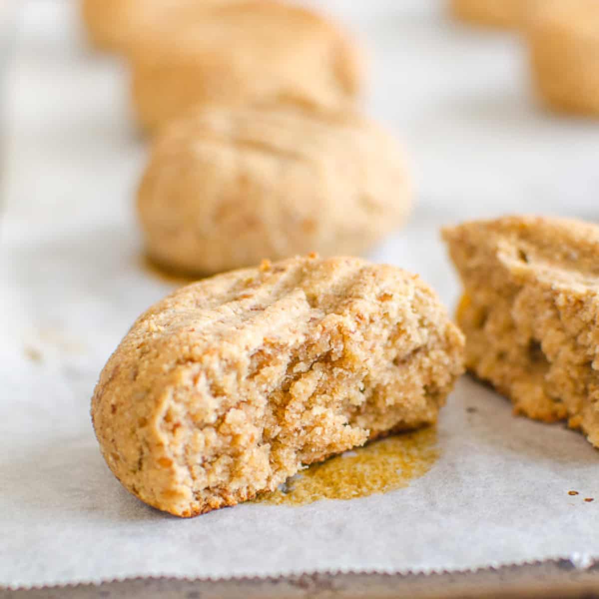 A cookie broken in half to show the even texture inside. 