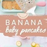 A two photo collage of banana baby pancakes with text overlay for pinterest.