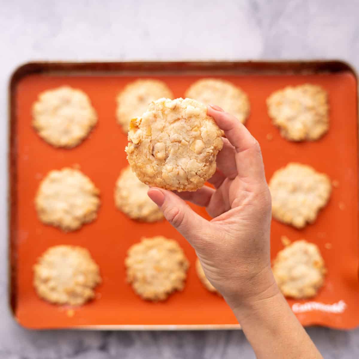 Lined tray with 12 baked golden brown Gluten Free Coconut Cookies and a hand holding 1 cookie
