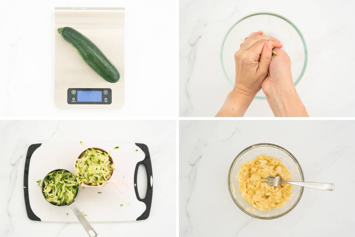 A four image collage showing prep of banana and zucchini for baking. 