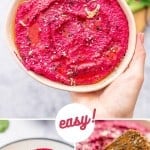 A three photo collage of beetroot hummus with text overlay for pinterest