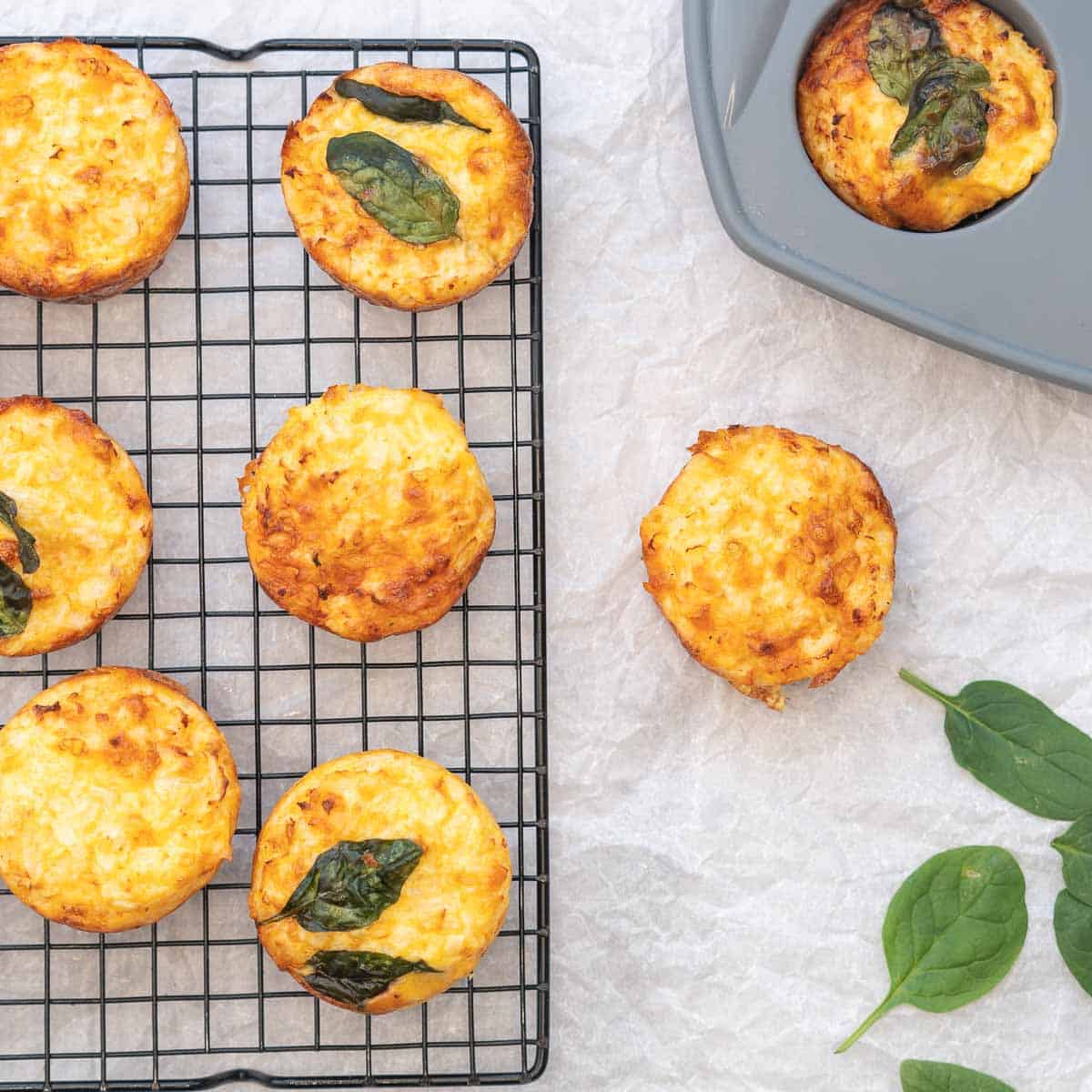 Baked breakfast egg muffins cooling on a cooling rack with a scattering of spinach leaves.