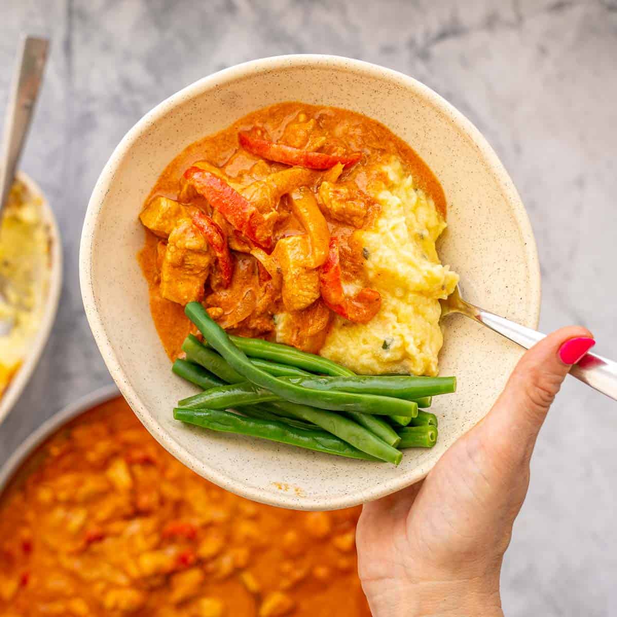 A serving of Chicken Paprikash, potato and blanched beans held above the pan by a hand 
