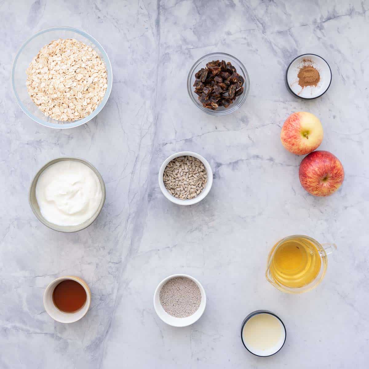 All the ingredients to make the Bircher Muesli all laid out on the bench
