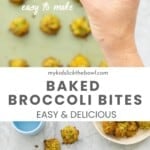A two photo collage of broccoli bites with text overlay for pinterest.