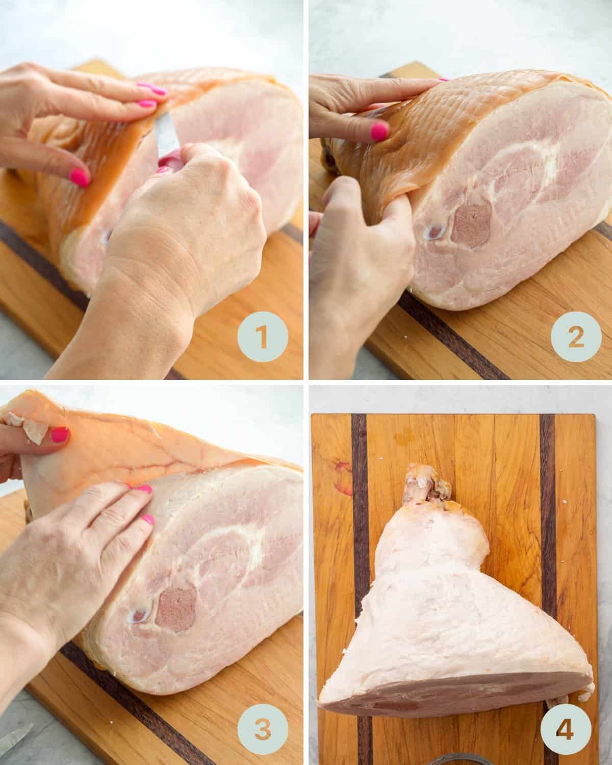 Four photo collage showing how to remove the skin from a ham and leave the fat layer/ 