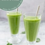 Two glasses with stainless steel straws filled with green smoothie with text overlay for pinterest.